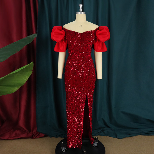 Sexy ruffled V-neck temperament sequins high-end long dress ladies banquet evening dress dress