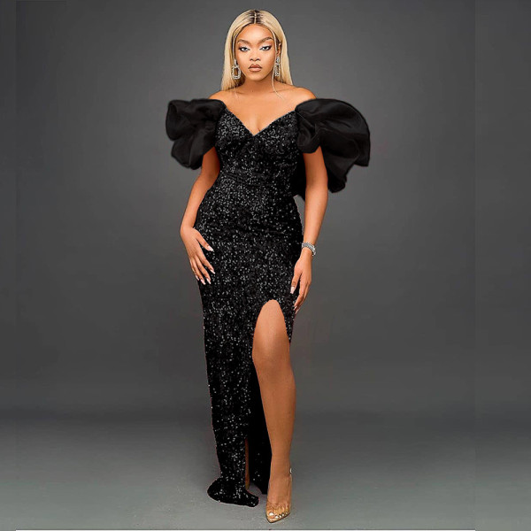 Sexy ruffled V-neck temperament sequins high-end long dress ladies banquet evening dress dress