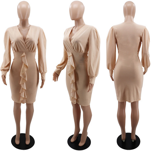 Solid color sexy half open collar temperament ruffled women's dress
