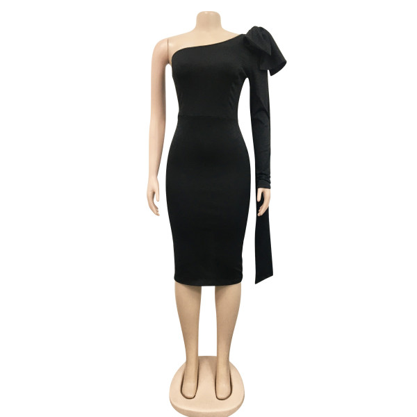 Fashion women's new product diagonal neck single long sleeve bow ribbon dress