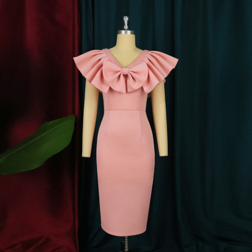 Large size temperament bow V-neck lotus leaf sleeves high waist bag hip skirt party dress dress