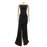 Fashion women's suspenders solid color side drag drape side open dress