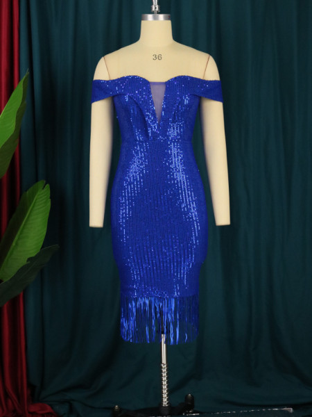 Sexy Tube Top V-Neck See-Through Sequin High Waist Pack Hip Banquet Fringe Dress