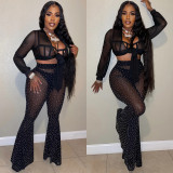 Nightclub hot drill mesh see-through bandage long-sleeved trousers three-piece set