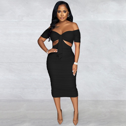 Fashion Casual Skinny Open Back Cutout Pleated Dress