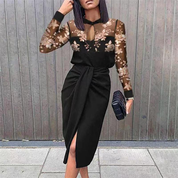 Temperament commuter print high-end youth black one-step skirt dress