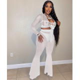 Nightclub hot drill mesh see-through bandage long-sleeved trousers three-piece set