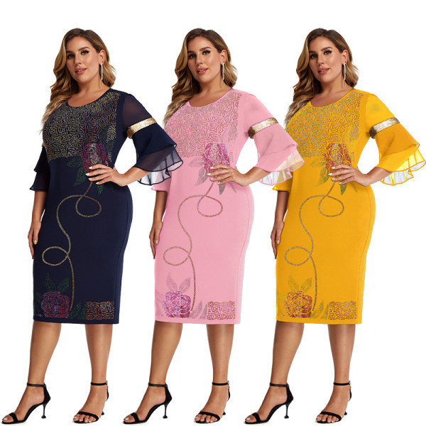 Street Hipster Sequin Flare Sleeve Crew Neck Dress