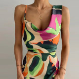 Mid-length skirt printed temperament elegant U-neck high-waist dress