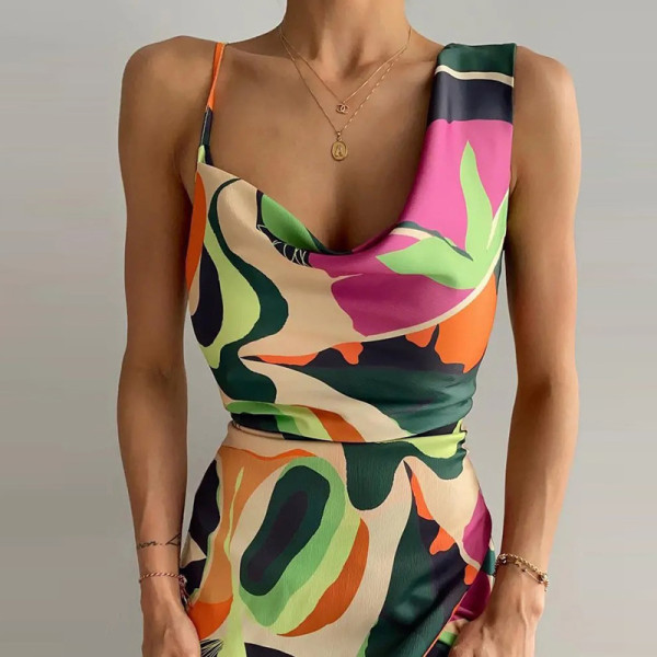 Mid-length skirt printed temperament elegant U-neck high-waist dress
