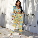 Ripple Print Long Sleeve Shirt Casual Pants Set
