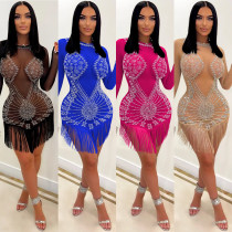 Fashion nightclub ironing drill mesh see-through long-sleeved short skirt dress