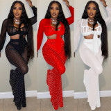Nightclub hot drill mesh see-through bandage long-sleeved trousers three-piece set