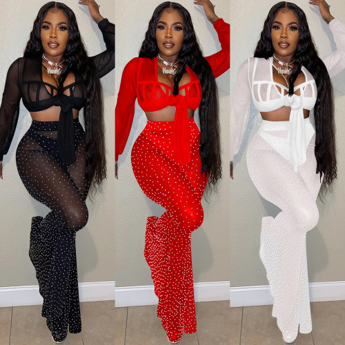 Nightclub hot drill mesh see-through bandage long-sleeved trousers three-piece set