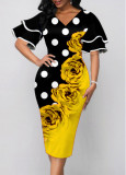 New Layered Flared Sleeve Printed V-Neck Elegant Dress