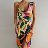 Mid-length skirt printed temperament elegant U-neck high-waist dress