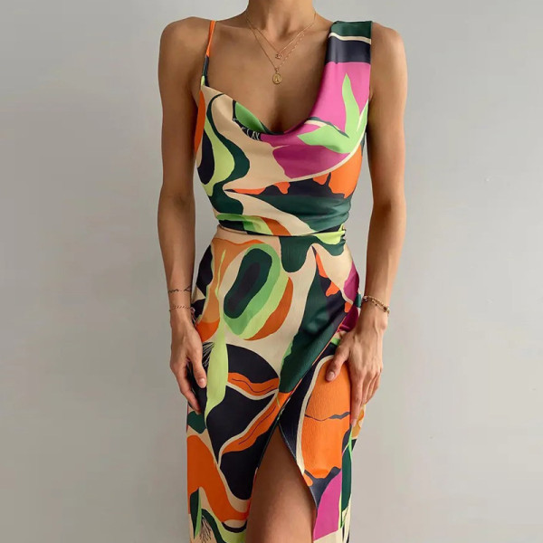 Mid-length skirt printed temperament elegant U-neck high-waist dress