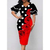 New Layered Flared Sleeve Printed V-Neck Elegant Dress