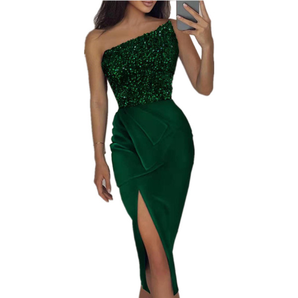 Solid color sexy sequin split long skirt temperament One-shoulder evening dress skirt