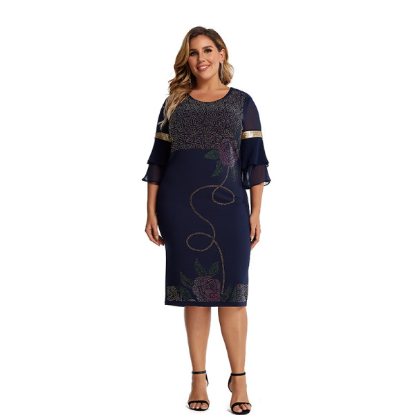 Street Hipster Sequin Flare Sleeve Crew Neck Dress