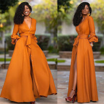 Sexy Deep V Long Sleeve Waist Solid Color Cardigan Dress Long Skirt