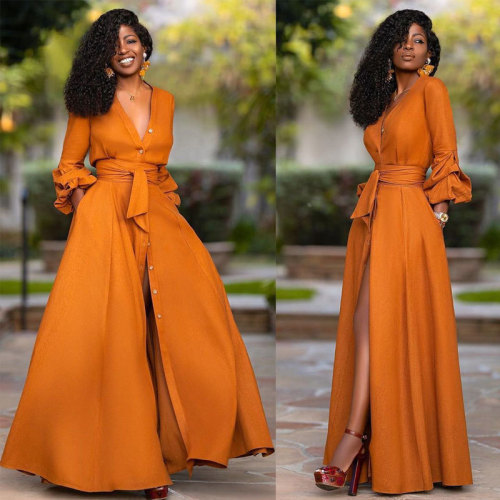 Sexy Deep V Long Sleeve Waist Solid Color Cardigan Dress Long Skirt