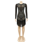Fashion nightclub ironing drill mesh see-through long-sleeved short skirt dress