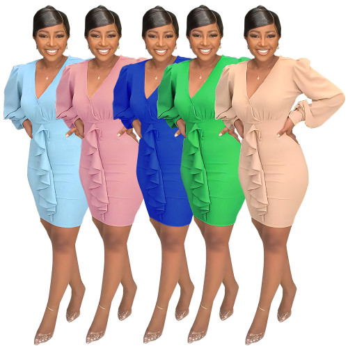 Solid color sexy half open collar temperament ruffled women's dress