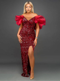 Sexy ruffled V-neck temperament sequins high-end long dress ladies banquet evening dress dress