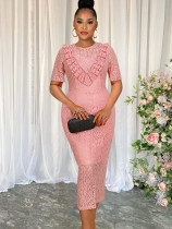 Round neck ladies long skirt lace skirt ruffle dress pink dress