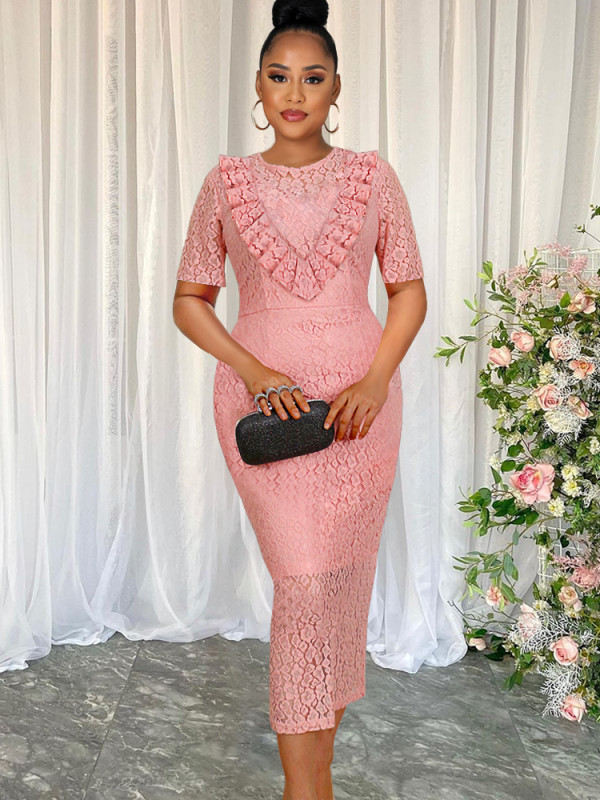 Round neck ladies long skirt lace skirt ruffle dress pink dress