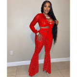 Nightclub hot drill mesh see-through bandage long-sleeved trousers three-piece set