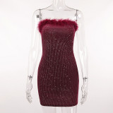 Tube top plush suede fine flash dress temperament sexy women's commuter sleeveless hip skirt