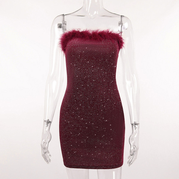 Tube top plush suede fine flash dress temperament sexy women's commuter sleeveless hip skirt