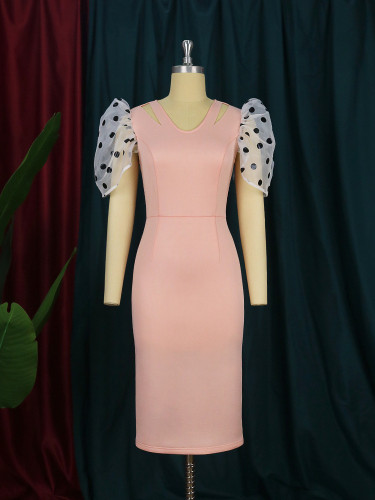Plus Size Polka Dot Tulle Sleeve V-Neck Pink Midi Dress