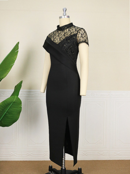 Plus Size New Round Neck Lace Vintage Dress Ruffle Short Sleeves