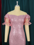 Sexy Tube Top Off Shoulder Collar Lotus Leaf Short Sleeve Pink Sequin Dress Slim Dress Large Size Women's Clothing