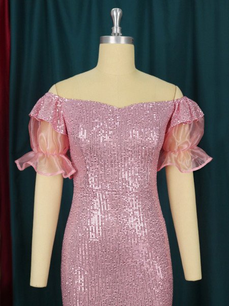 Sexy Tube Top Off Shoulder Collar Lotus Leaf Short Sleeve Pink Sequin Dress Slim Dress Large Size Women's Clothing