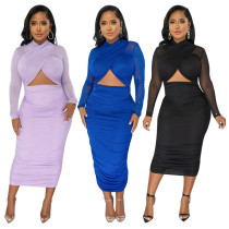 Solid Color Patchwork Pencil Skirt Women's Irregular Dress