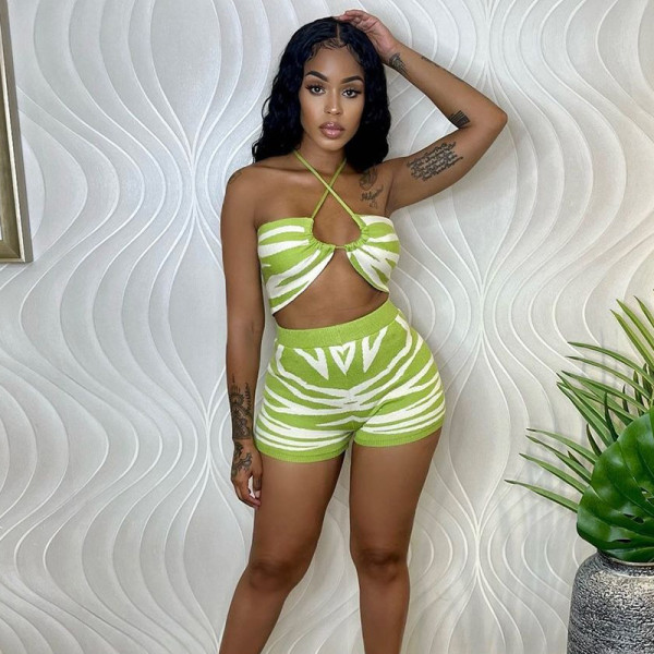 Zebra Print Sexy Halter Sling Slim Shorts Set