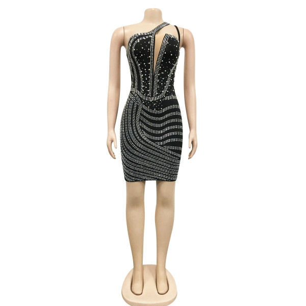 Fashion sexy nightclub hot diamond diagonal neck mesh perspective skirt dress