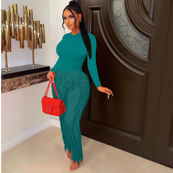Solid Color Slim Fit Long Sleeve Tassel Casual Two Piece