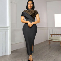 Plus Size New Round Neck Lace Vintage Dress Ruffle Short Sleeves