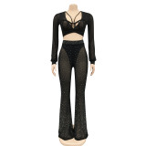 Nightclub hot drill mesh see-through bandage long-sleeved trousers three-piece set