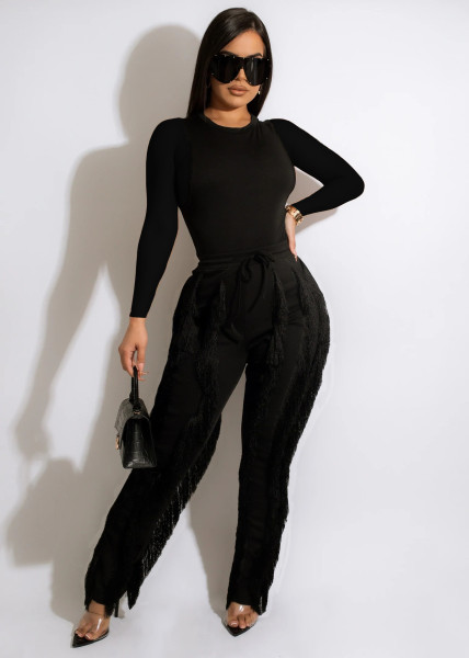 Solid Color Slim Fit Long Sleeve Tassel Casual Two Piece