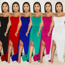 Fashion women's suspenders solid color side drag drape side open dress