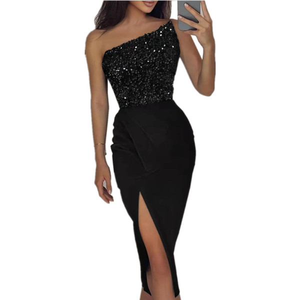 Solid color sexy sequin split long skirt temperament One-shoulder evening dress skirt