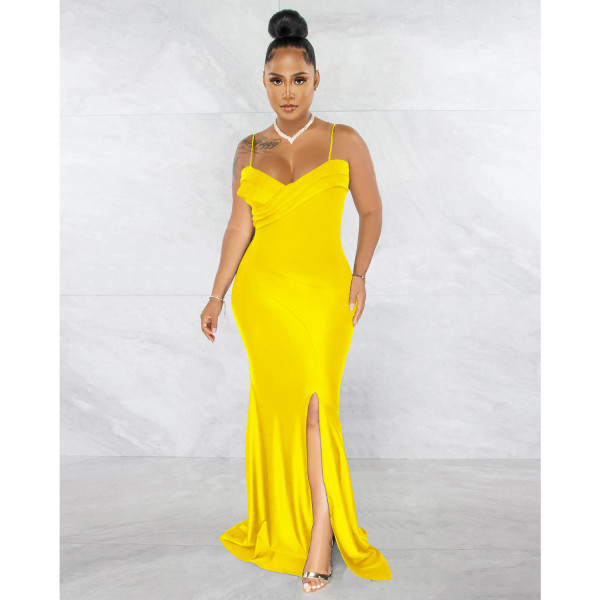 Fashion women's suspenders pleated wrap chest solid color dress dress