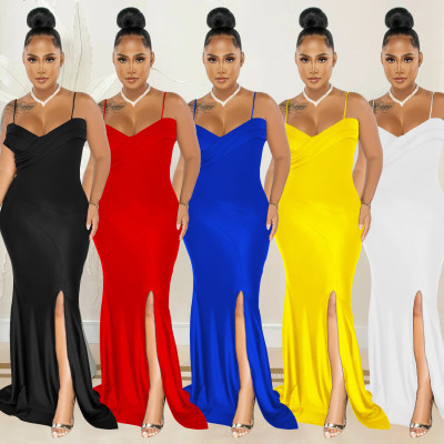 Fashion women's suspenders pleated wrap chest solid color dress dress