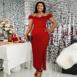 Temperament and elegant one word shoulder bag hip dress Sexy wrap chest women's dress Banquet party dress